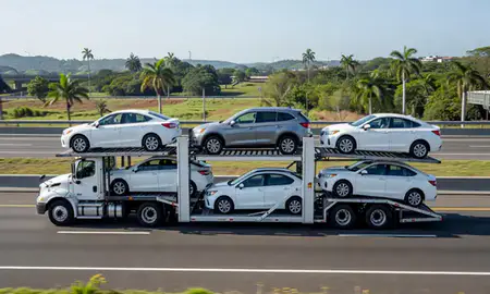 Multi-level car carrier on the highway to Guayama, Puerto Rico, United States