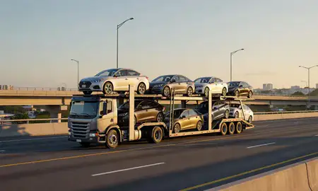 Car transporter with the Guayama, Puerto Rico, United States skyline behind it