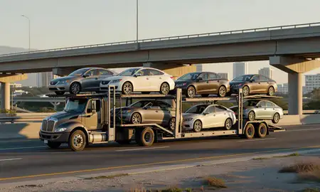 Car transporter with the Guaynabo, Puerto Rico, United States skyline behind it
