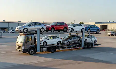 Car transporter loaded with vehicles in Hormigueros, Puerto Rico, United States