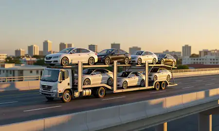 Car transporter with the Hormigueros, Puerto Rico, United States skyline behind it