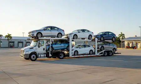 Car transporter loaded with vehicles in Humacao, Puerto Rico, United States