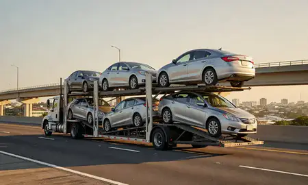 Car transporter with the Humacao, Puerto Rico, United States skyline behind it