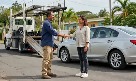 Vehicle owner beside their delivered car in Isabela, Puerto Rico, United States