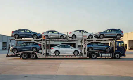 Car transporter parked in an industrial area of Isabela, Puerto Rico, United States