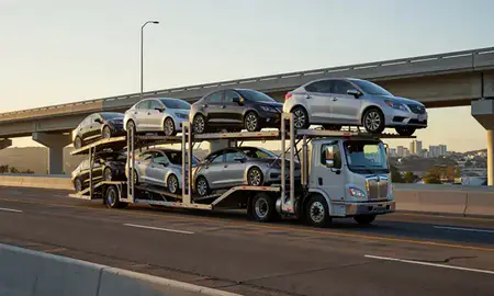 Car transporter with the Isabela, Puerto Rico, United States skyline behind it
