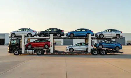 Car transporter parked in an industrial area of Juana Díaz, Puerto Rico, United States