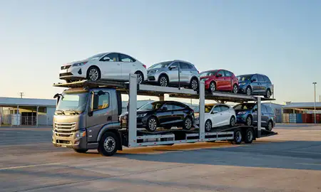 Car transporter loaded with vehicles in Juana Díaz, Puerto Rico, United States