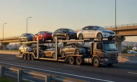 Car transporter with the Juana Díaz, Puerto Rico, United States skyline behind it