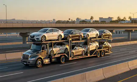 Car transporter with the Manatí, Puerto Rico, United States skyline behind it