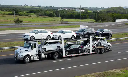 Multi-level car carrier on the highway to Mayagüez, Puerto Rico, United States