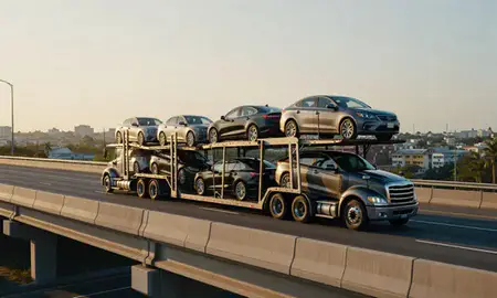 Car transporter with the Mayagüez, Puerto Rico, United States skyline behind it