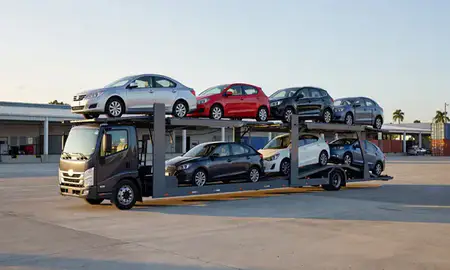 Car transporter loaded with vehicles in Ponce, Puerto Rico, United States