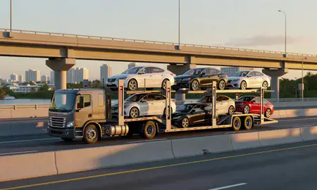 Car transporter with the Ponce, Puerto Rico, United States skyline behind it
