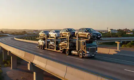 Car transporter with the Río Grande, Puerto Rico, United States skyline behind it
