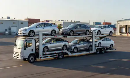 Car transporter loaded with vehicles in Sabana Grande, Puerto Rico, United States