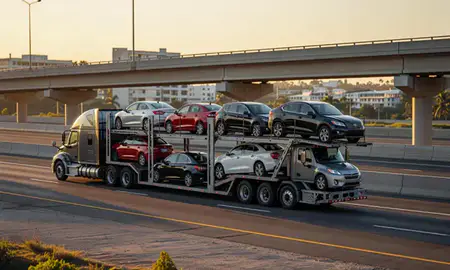 Car transporter with the Sabana Grande, Puerto Rico, United States skyline behind it