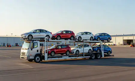 Car transporter loaded with vehicles in San Antonio, Puerto Rico, United States