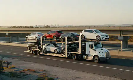 Car transporter with the San Antonio, Puerto Rico, United States skyline behind it