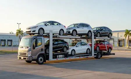 Car transporter loaded with vehicles in San Germán, Puerto Rico, United States