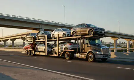 Car transporter with the San Germán, Puerto Rico, United States skyline behind it