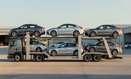Car transporter parked in an industrial area of San Juan, Puerto Rico, United States