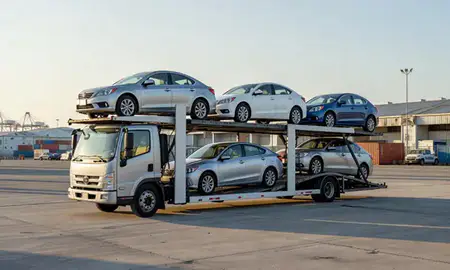 Car transporter loaded with vehicles in San Juan, Puerto Rico, United States