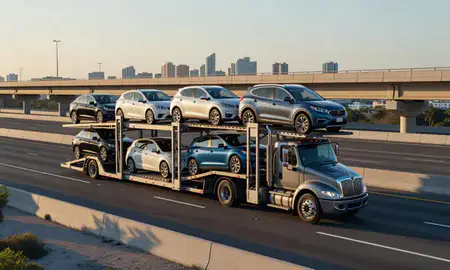 Car transporter with the San Juan, Puerto Rico, United States skyline behind it