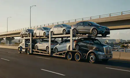 Car transporter with the Trujillo Alto, Puerto Rico, United States skyline behind it