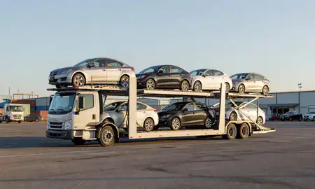 Car transporter loaded with vehicles in Vega Baja, Puerto Rico, United States