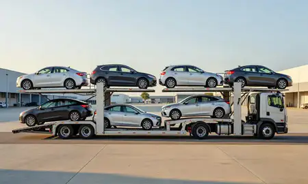 Car transporter parked in an industrial area of Yauco, Puerto Rico, United States
