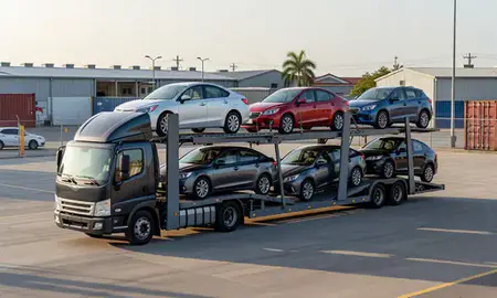 Car transporter loaded with vehicles in Yauco, Puerto Rico, United States