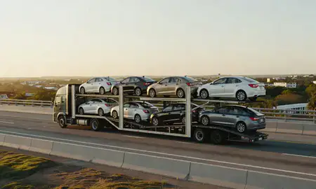 Car transporter with the Yauco, Puerto Rico, United States skyline behind it
