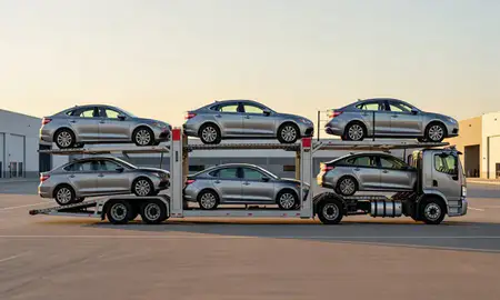 Car transporter parked in an industrial area of Rhode Island, United States