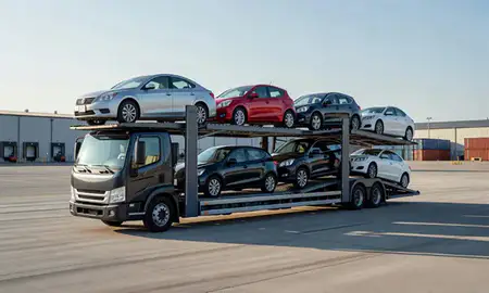 Car transporter loaded with vehicles in Rhode Island, United States