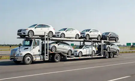 Multi-level car carrier on the highway to Ashaway, Rhode Island, United States