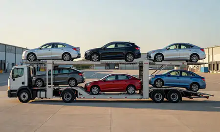 Car transporter parked in an industrial area of Ashaway, Rhode Island, United States