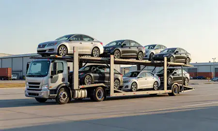 Car transporter loaded with vehicles in Ashaway, Rhode Island, United States