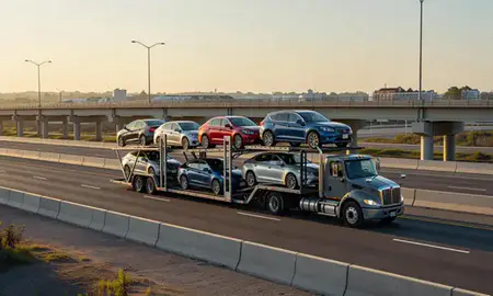 Car transporter with the Ashaway, Rhode Island, United States skyline behind it