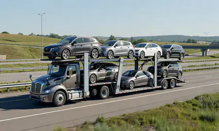 Multi-level car carrier on the highway to Bradford, Rhode Island, United States