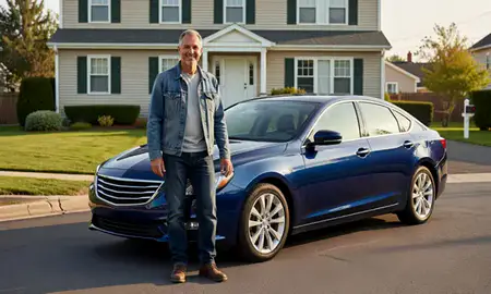 Customer with their delivered car in Bradford, Rhode Island, United States