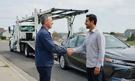 Vehicle owner beside their delivered car in Bradford, Rhode Island, United States