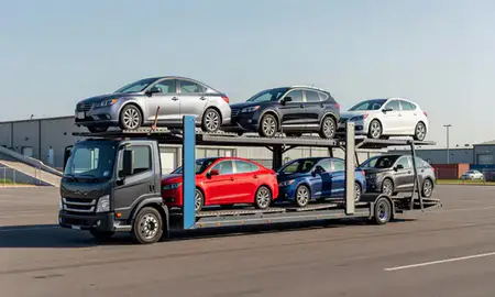 Car transporter loaded with vehicles in Bradford, Rhode Island, United States