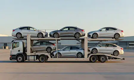 Car transporter parked in an industrial area of Carolina, Rhode Island, United States