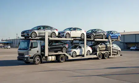 Car transporter loaded with vehicles in Carolina, Rhode Island, United States