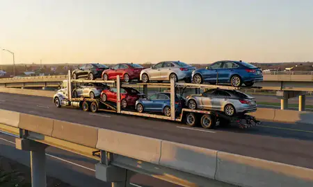 Car transporter with the Carolina, Rhode Island, United States skyline behind it