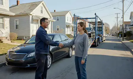 Vehicle owner beside their delivered car in Central Falls, Rhode Island, United States