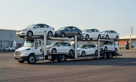 Car transporter loaded with vehicles in Central Falls, Rhode Island, United States