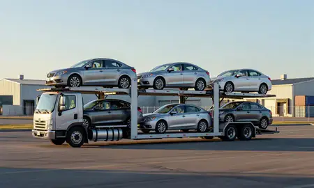 Car transporter loaded with vehicles in Chepachet, Rhode Island, United States