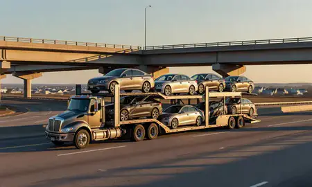Car transporter with the Chepachet, Rhode Island, United States skyline behind it